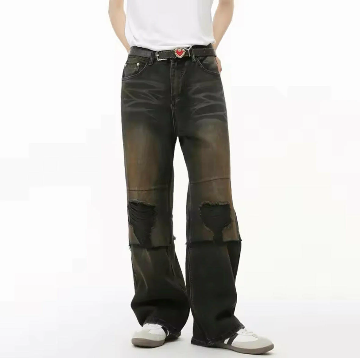 Black Desert Wash Blowout Knee Wide Leg Jeans - Image 2