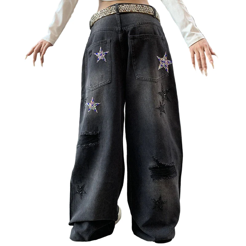 Black Embroidered Star Baggy Jeans - Image 4