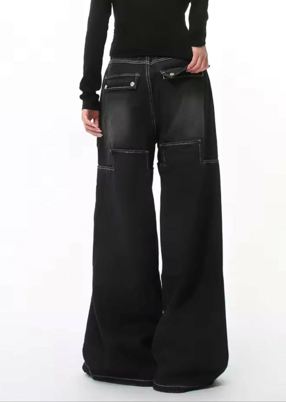 Black Patchwork Double Knee Baggy Jeans - Image 2