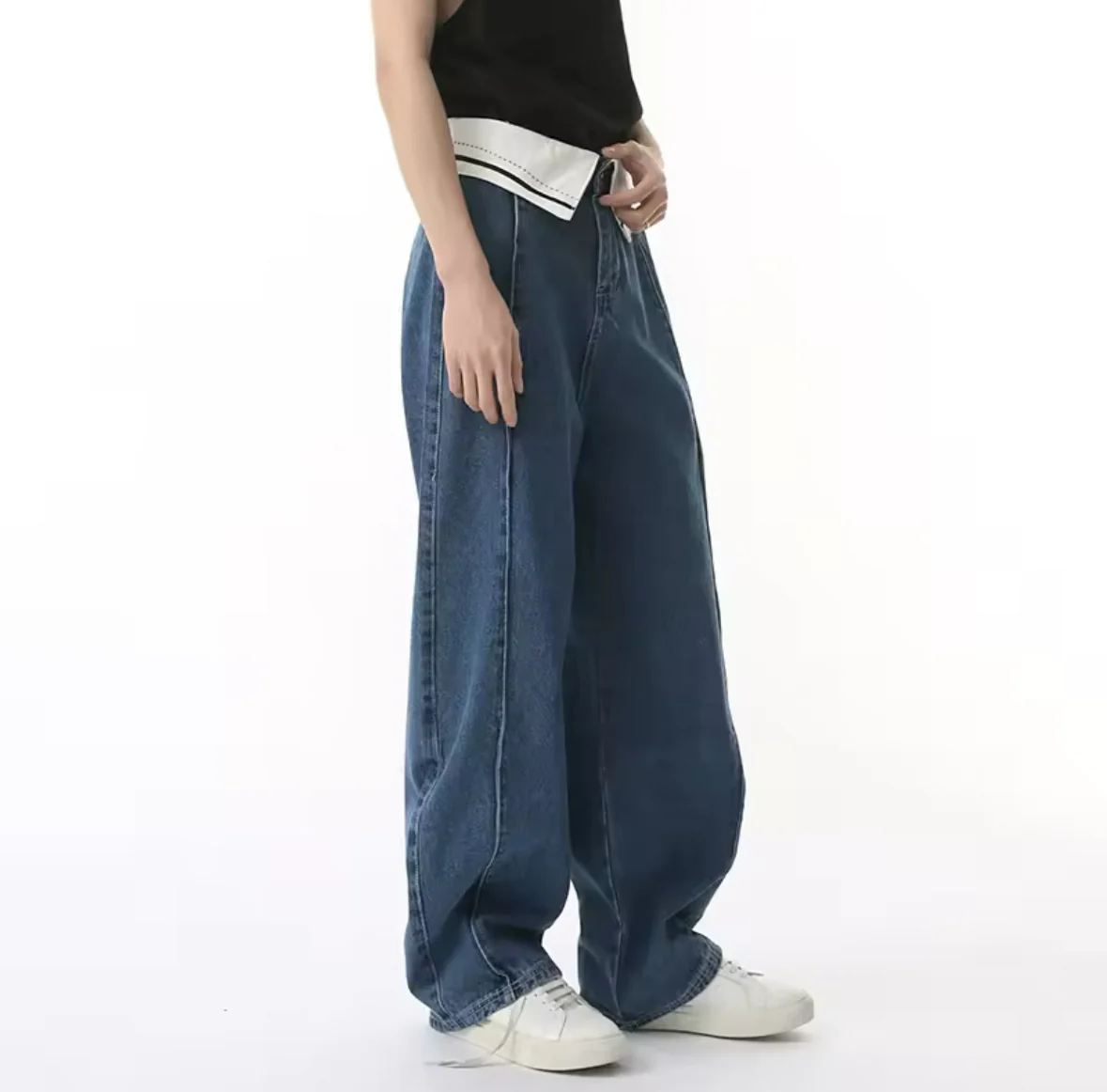 Blue Foldover Baggy Jeans