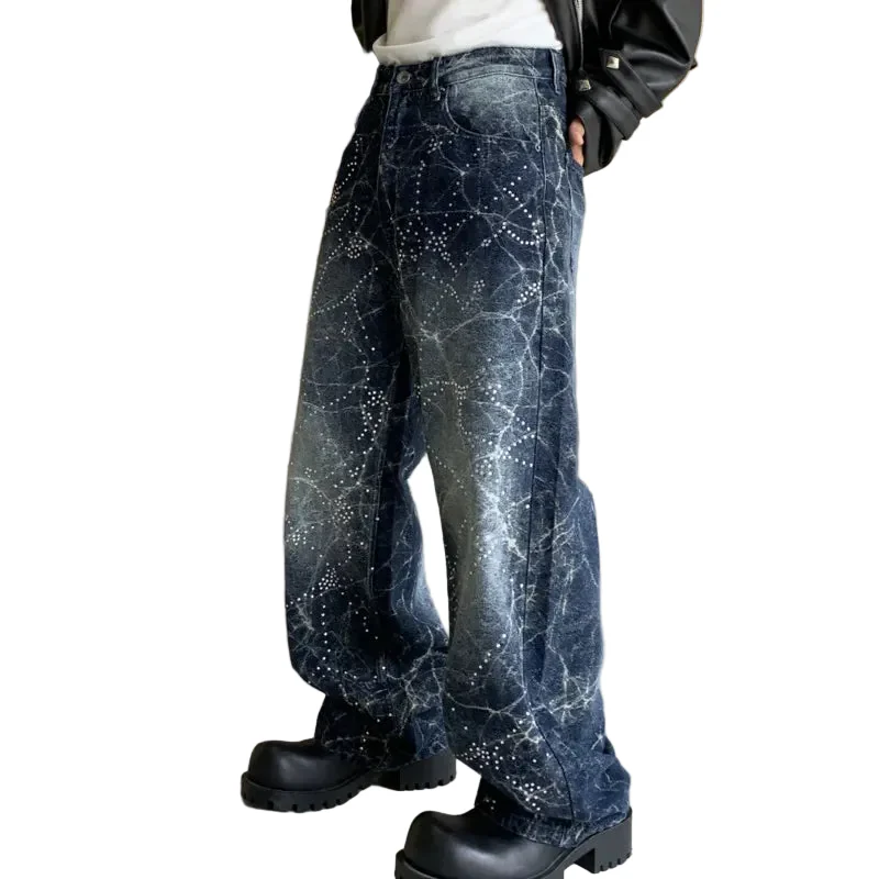 Blue Lightning Wash w/ Rhinestones Baggy Jeans - Image 2