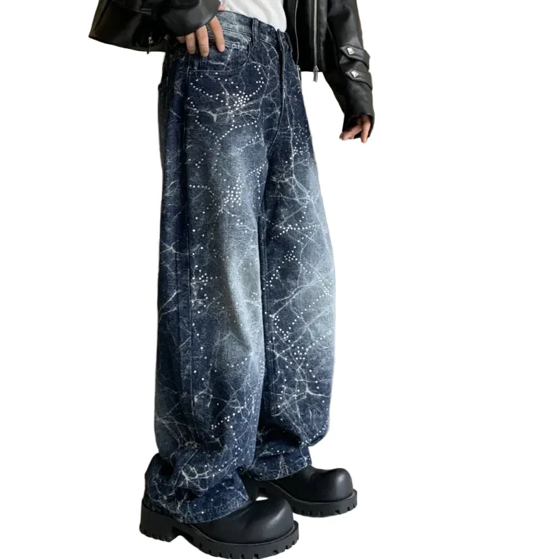 Blue Lightning Wash w/ Rhinestones Baggy Jeans - Image 3