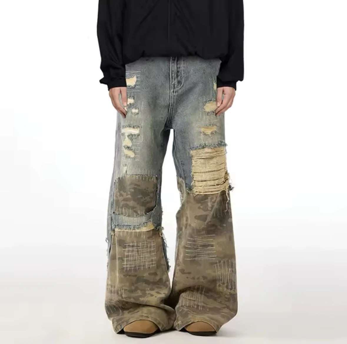 Blue to Camo Distressed Baggy Jeans