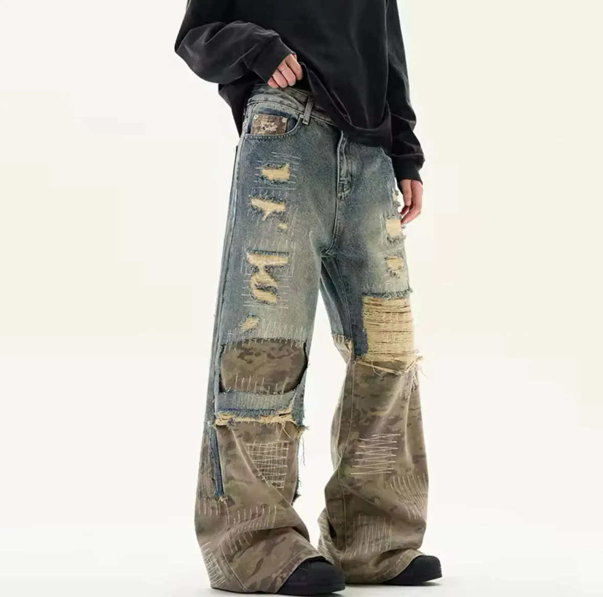 Blue to Camo Distressed Baggy Jeans - Image 2