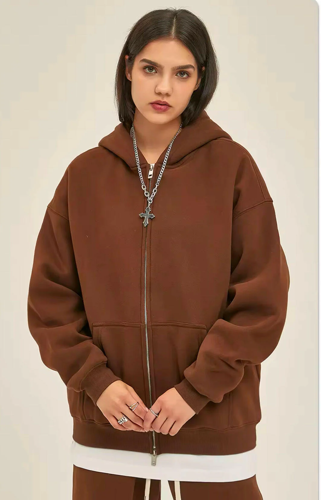 Dark Brown Double Zip Up Hoodie - Image 2