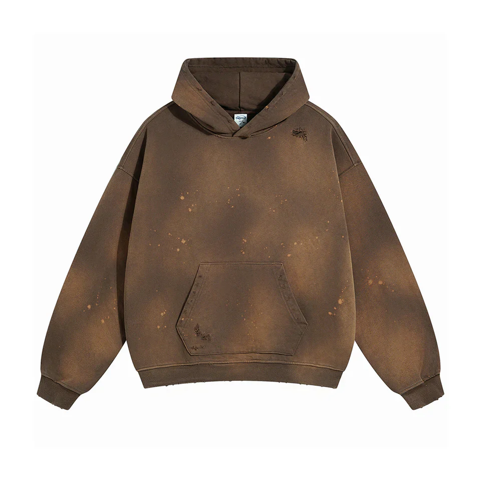 Brown Faded & Distressed Paint Splattered Hoodie
