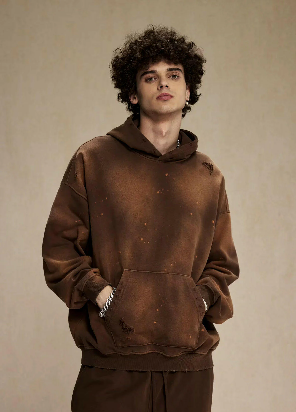 Brown Faded & Distressed Paint Splattered Hoodie - Image 3