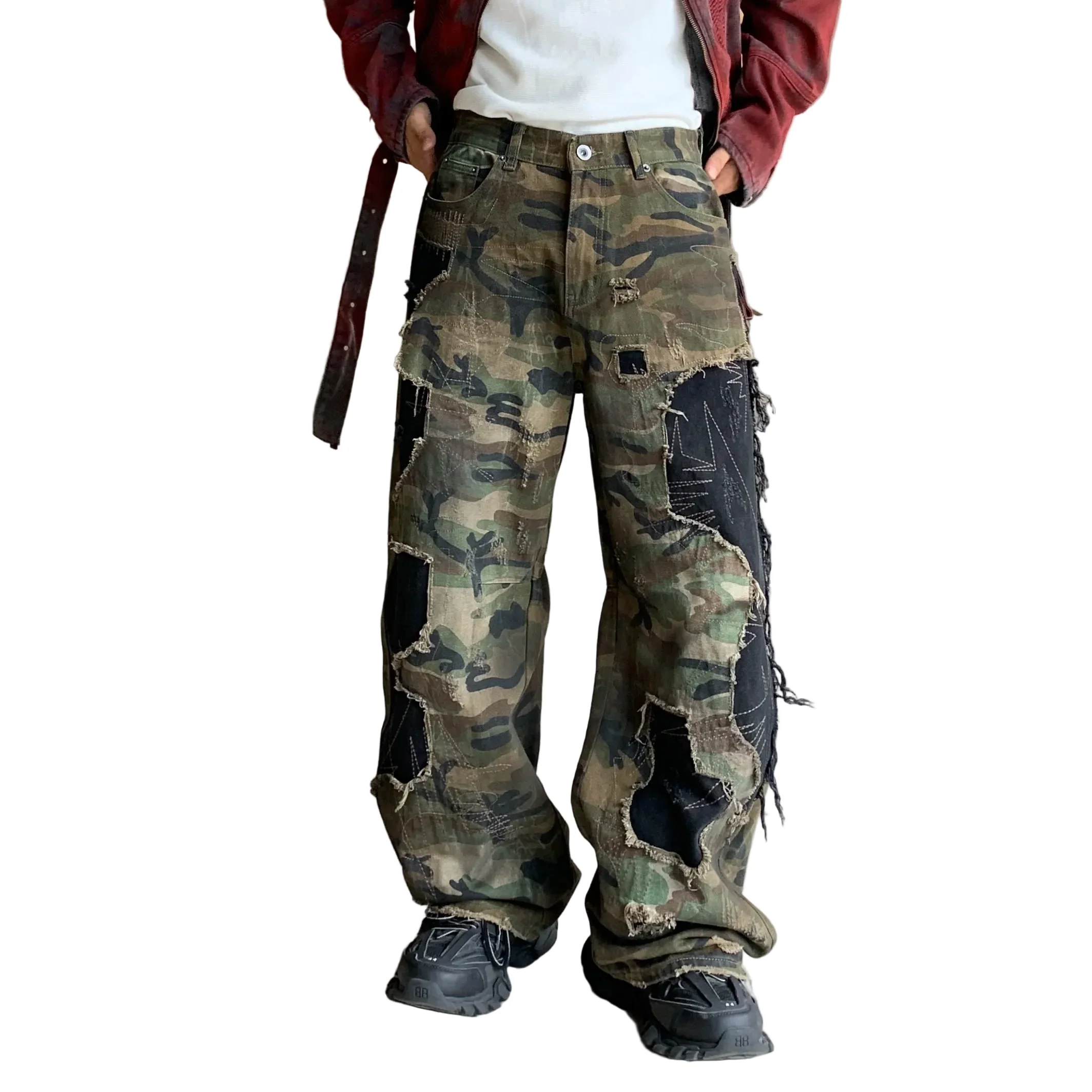 Camo To Black Distressed Baggy Jeans