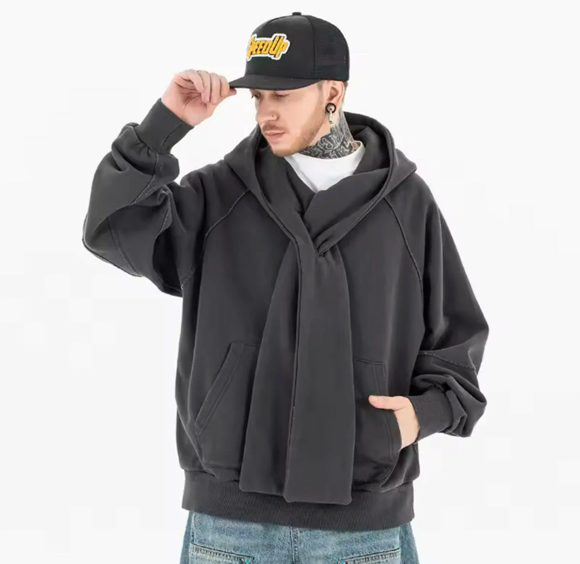 Charcoal Gray Scarf Hoodie - Image 2