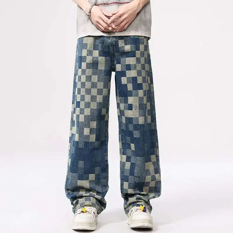 Checkered Blue Wide Leg Jeans