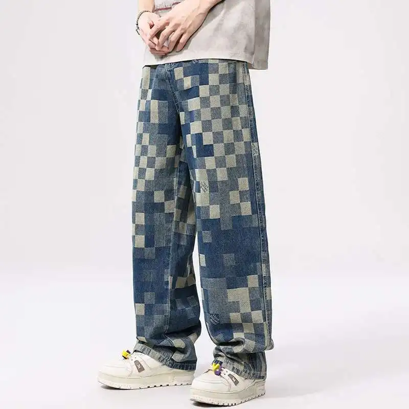Checkered Blue Wide Leg Jeans - Image 2