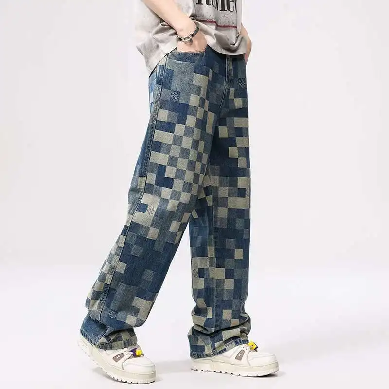 Checkered Blue Wide Leg Jeans - Image 3