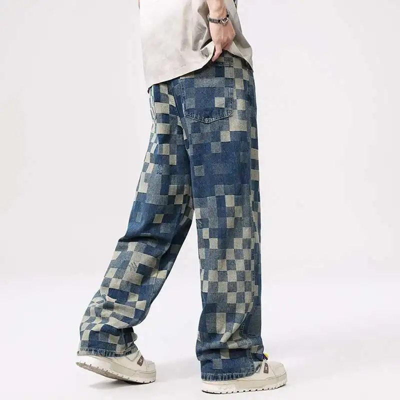 Checkered Blue Wide Leg Jeans - Image 4