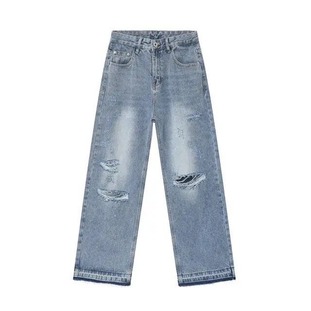 Faded Light Blue Distressed Wide Leg Jeans