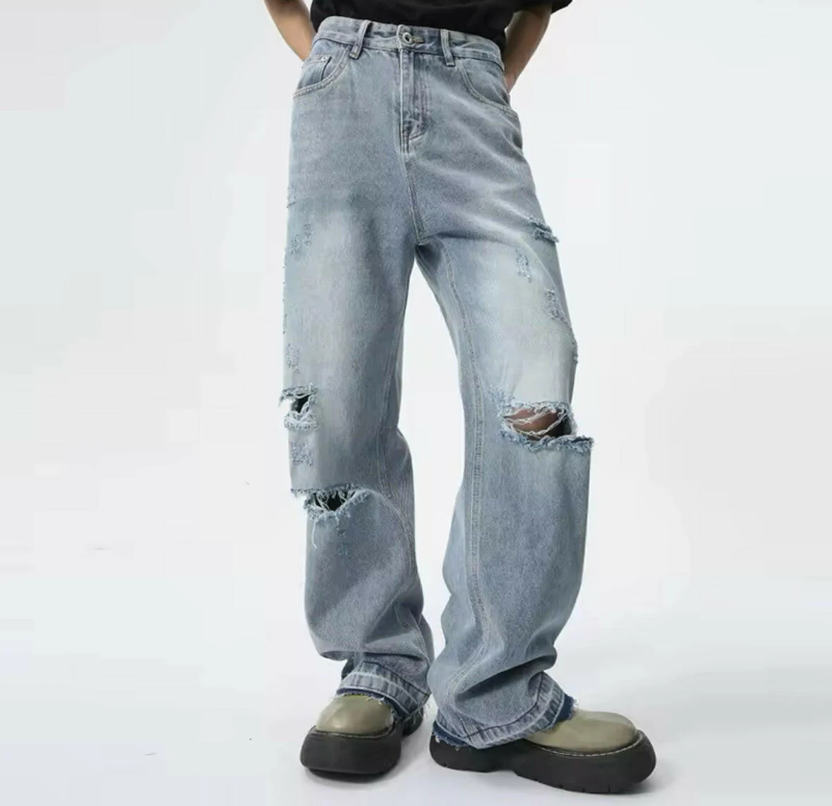 Faded Light Blue Distressed Wide Leg Jeans - Image 2