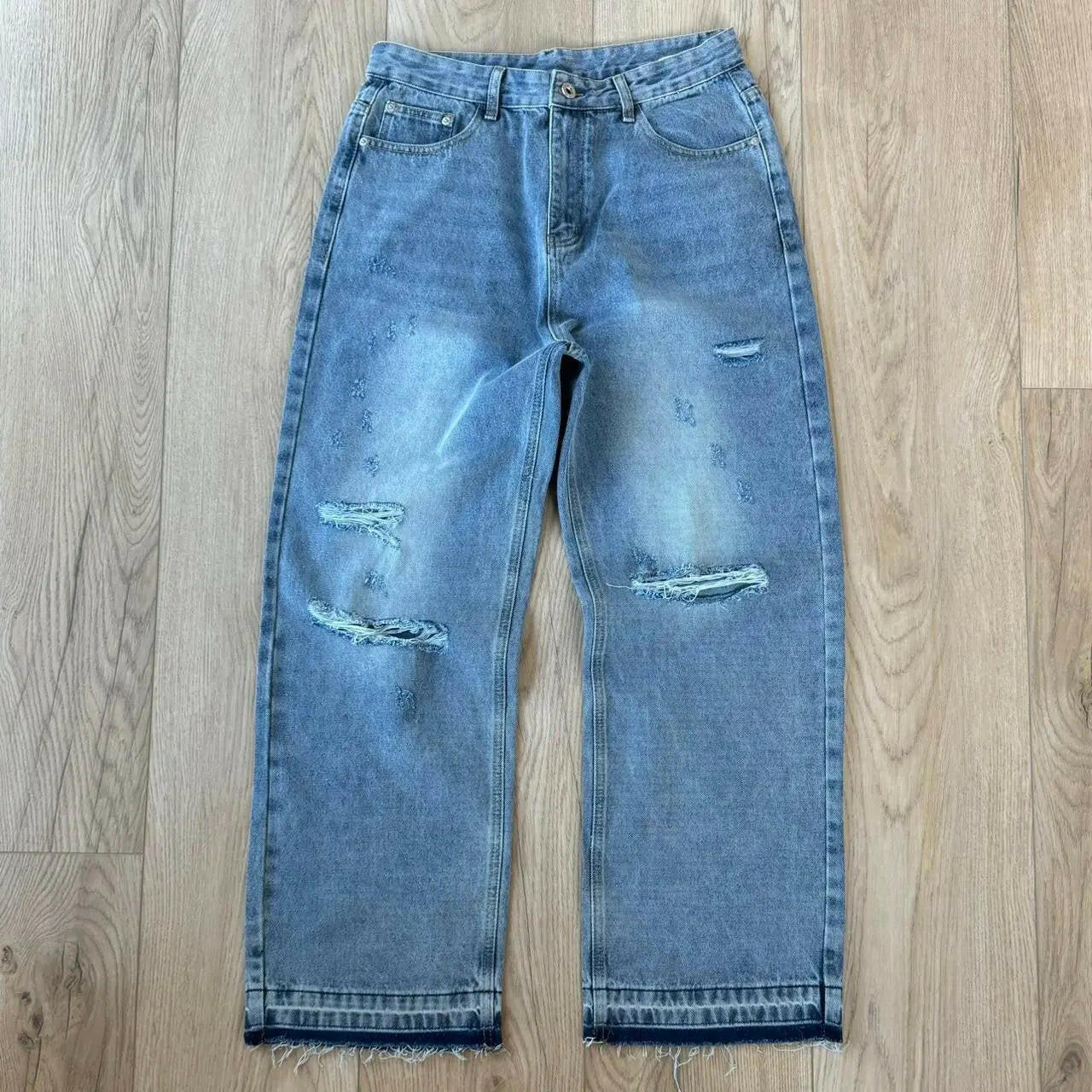 Faded Light Blue Distressed Wide Leg Jeans - Image 4