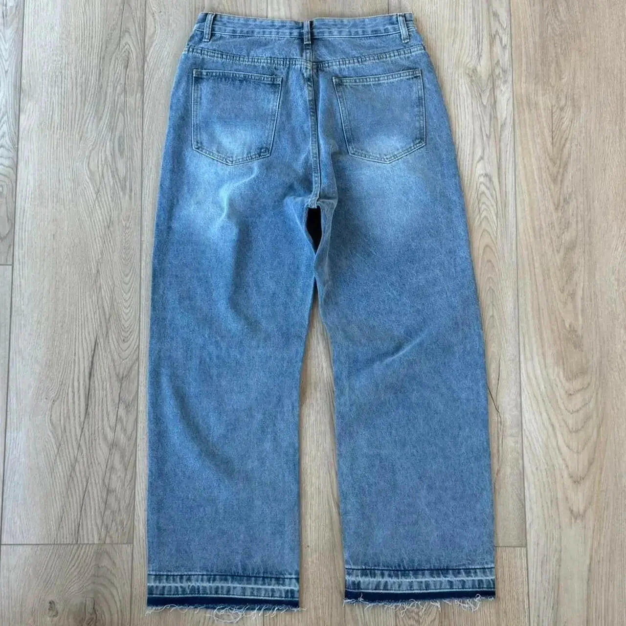 Faded Light Blue Distressed Wide Leg Jeans - Image 5