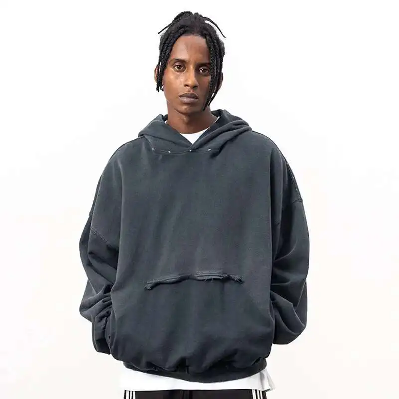 Gray Ripped Pocket Hoodie
