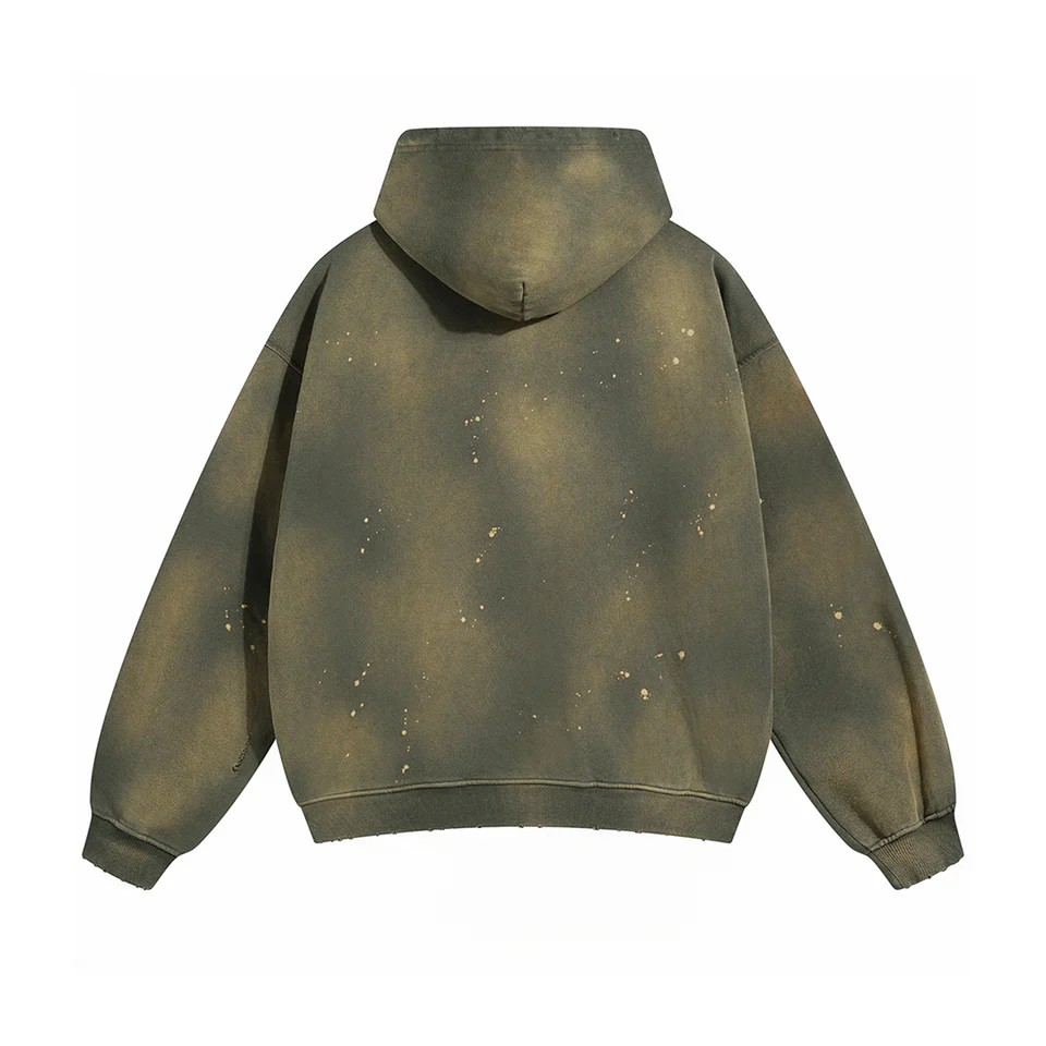 Green Faded & Distressed Paint Splattered Hoodie - Image 2