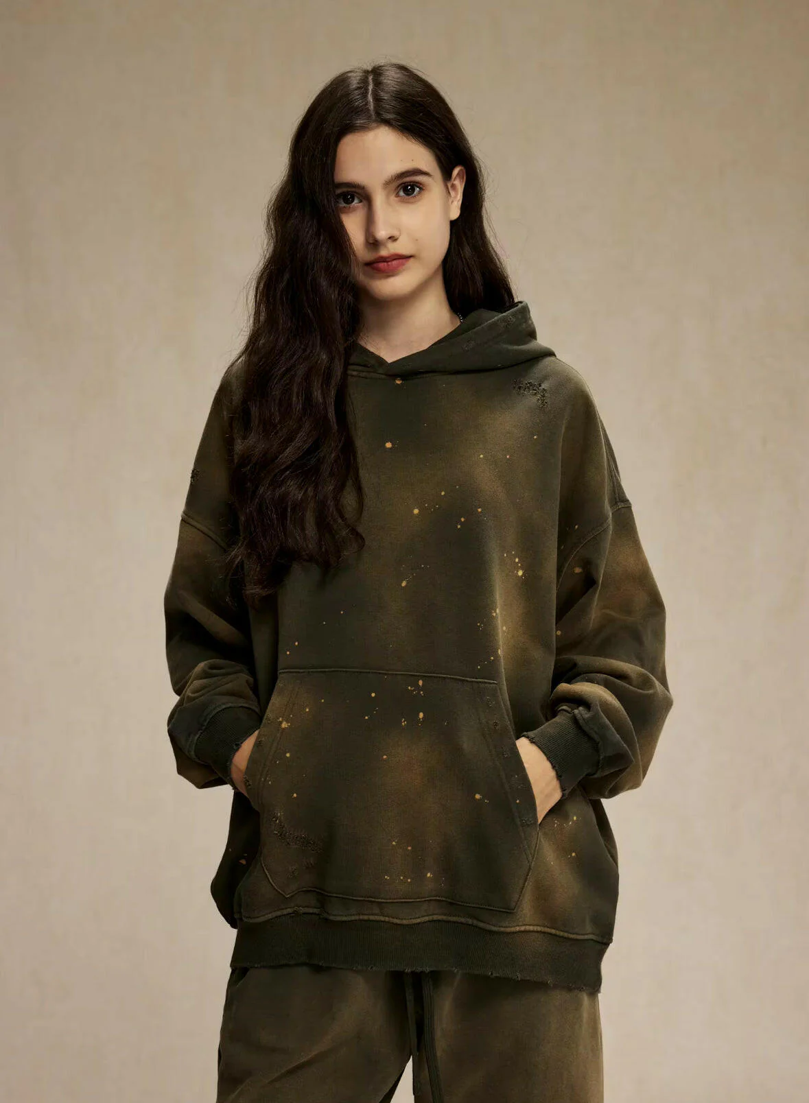 Green Faded & Distressed Paint Splattered Hoodie - Image 3