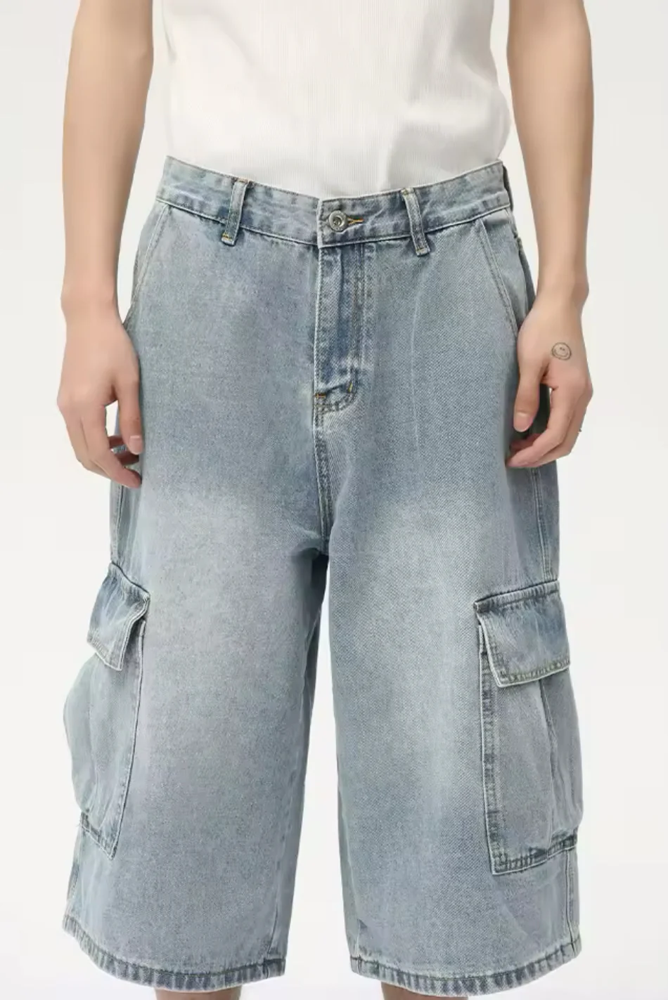 Light Blue Washed Long Cargo Jorts - Image 3
