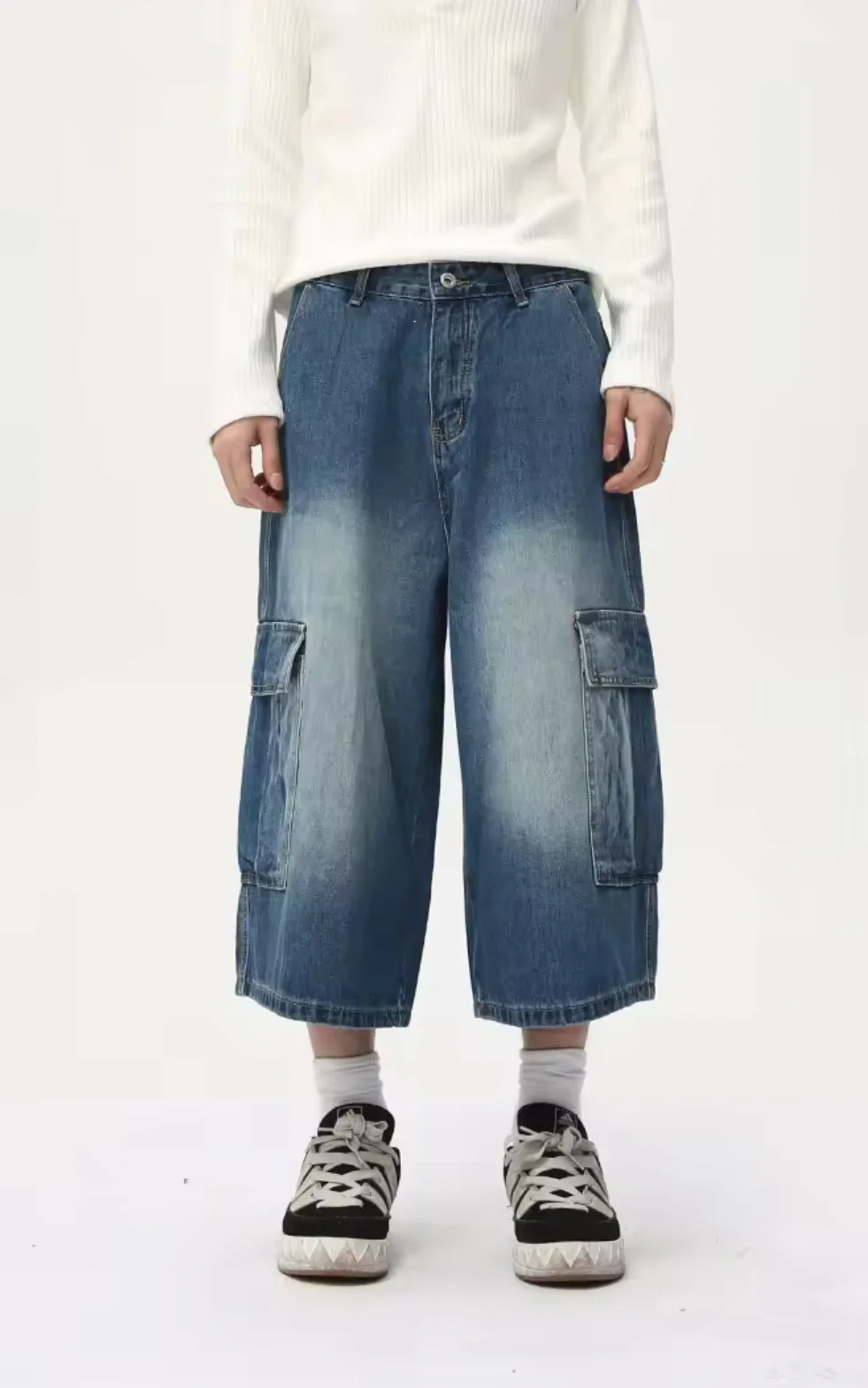 Navy Washed Long Cargo Jorts - Image 3