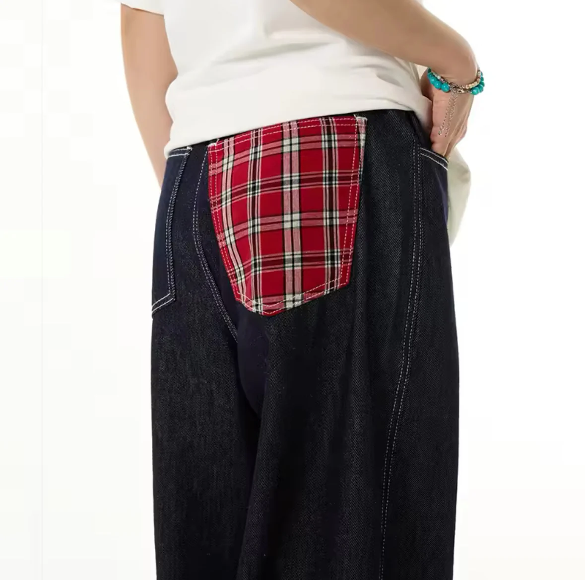 Plaid & Raw Denim Baggy Jeans - Image 3