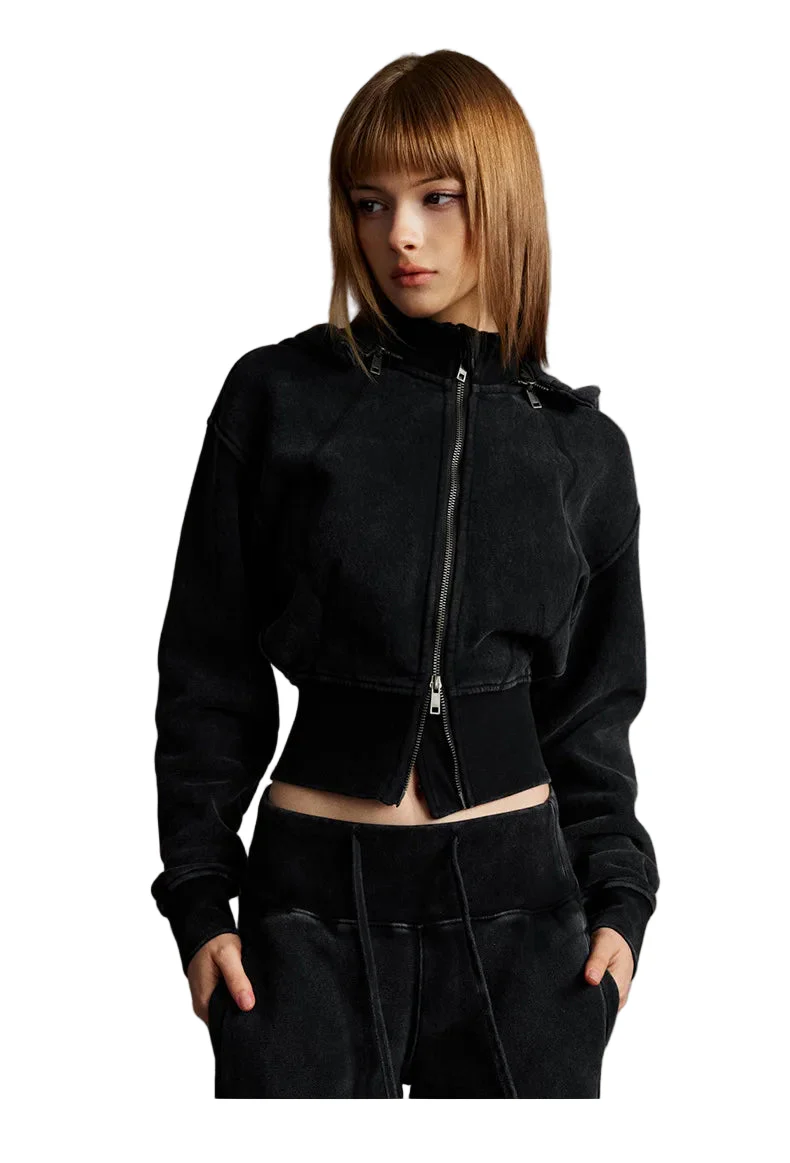 Womens Detachable Hood Cropped Double Zip Up Sweatshirt - Image 5