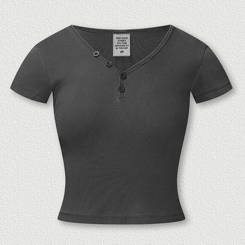 Womens Short Sleeve V-Neck Henley T-Shirt - Image 3